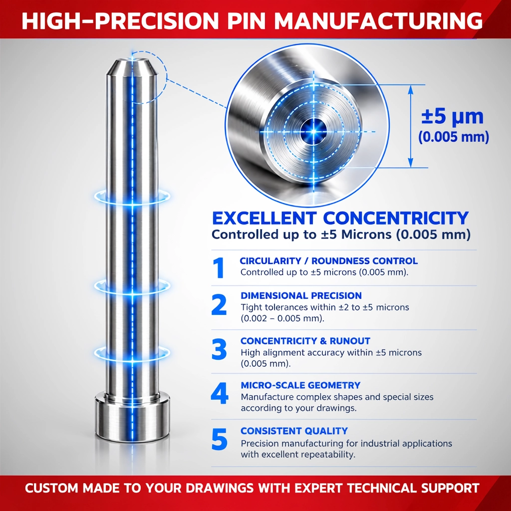 High-precision custom pin manufacturing with concentricity and dimensional control up to ±5 microns
